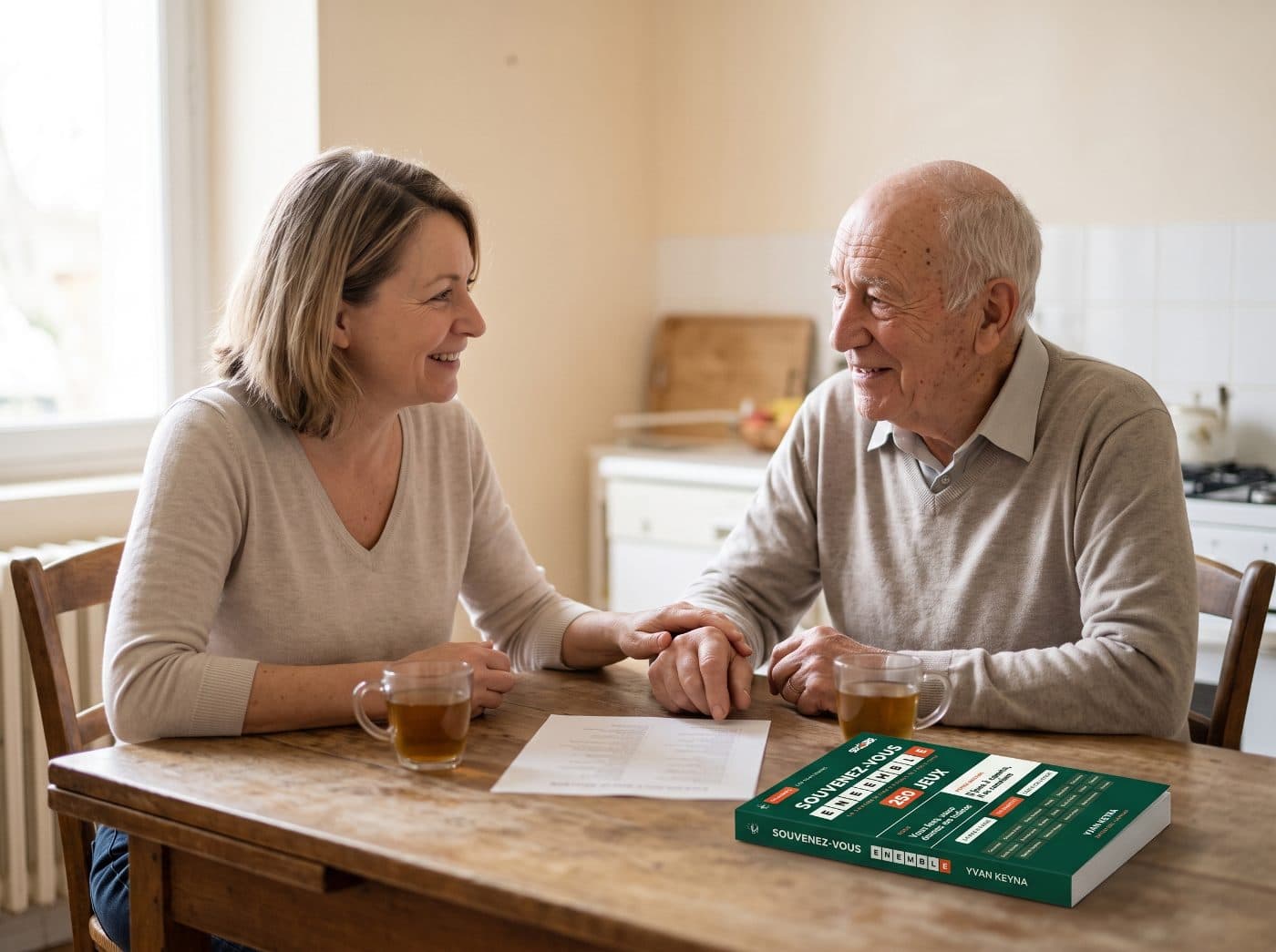 Una donna e suo padre al tavolo della cucina, con il libro di giochi davanti a loro